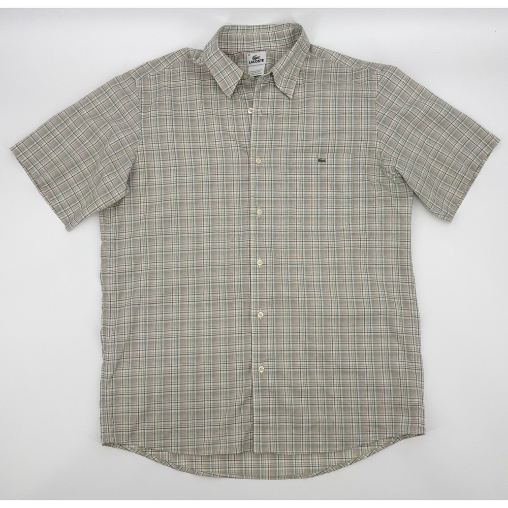 Lacoste Plaid Button Front Short Sleeve Shirt Size 42 Linen Blend XL France